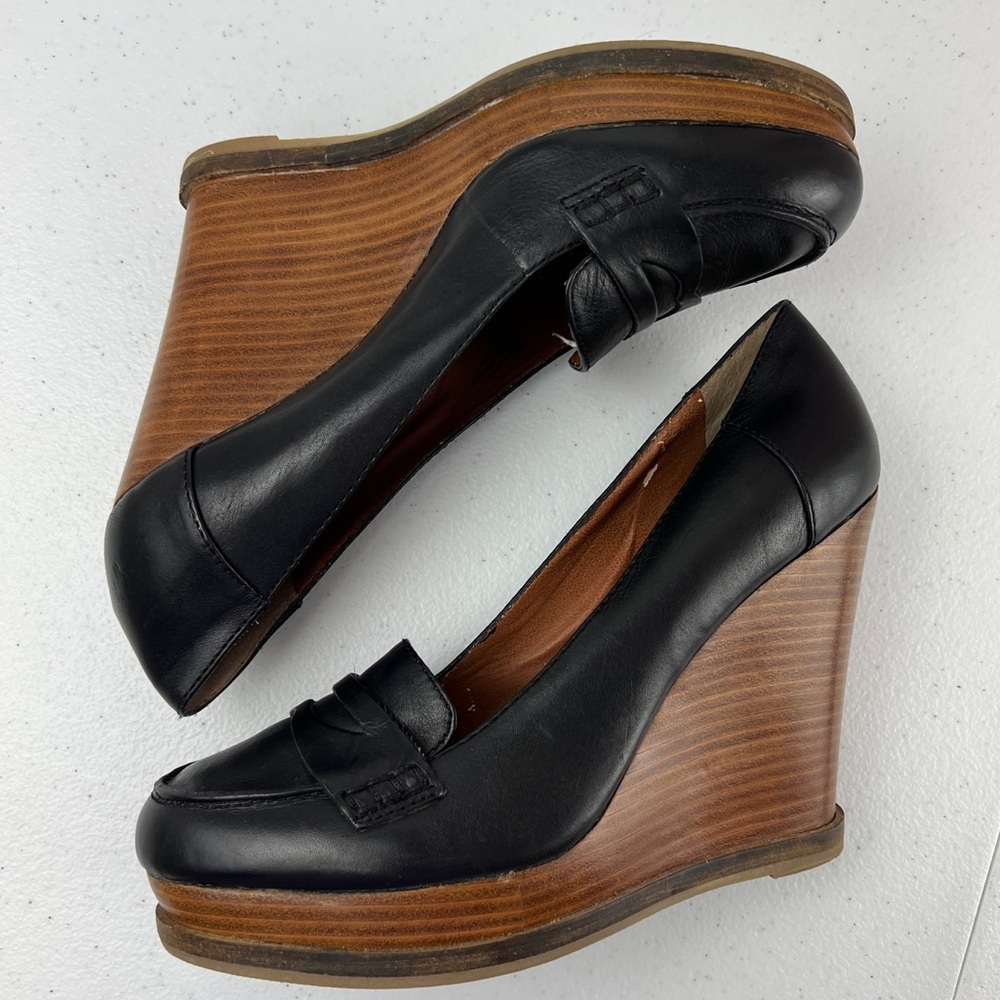 Lucky Brand June Black Leather Platform Wedge Penny Loafers Size 10 - Picture 9 of 13